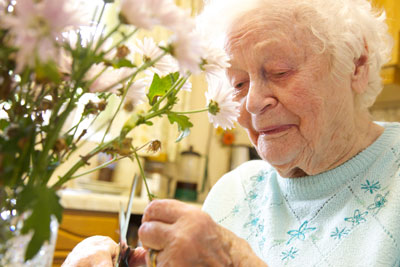 Elderly woman pruning flowers.
